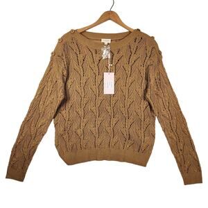 143 Story by Line Up Open Knit Pullover Sweater Women’s SZ M Camel Button Detail